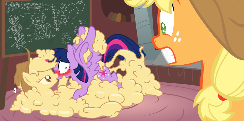 2014 alicorn anal applejack_(mlp) applesauce badumsquish blush chalkboard cutie_mark equine female friendship_is_magic goo hasbro horn kissing mammal my_little_pony penetration sex slime slime_monster slime_pony smooth_skin twilight_sparkle_(mlp) vaginal_penetration wings yuri