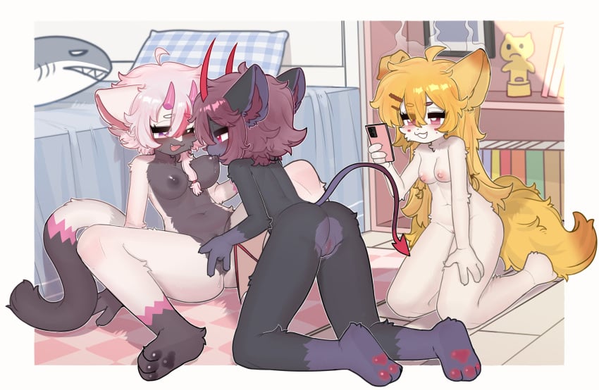 3girls absurdres biting biting_nipple blonde_hair breasts chinese_commentary cleft_of_venus completely_nude crayon_(crayon1006) fff_threesome fingering furry furry_female furry_with_furry group_sex highres horns indoors medium_breasts multiple_girls navel nipple_stimulation nipples nude one_eye_closed original pink_eyes pussy pussy_juice second-party_source sitting small_breasts spread_legs tail threesome uncensored vaginal_penetration yuri