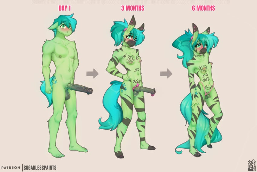 2025 anthro feminization friendship_is_magic green_skin horse_penis horsecock my_little_pony my_little_pony_friendship_is_magic sandbar_(mlp) sissification sugarlesspaints tagme tattoo zebra_print