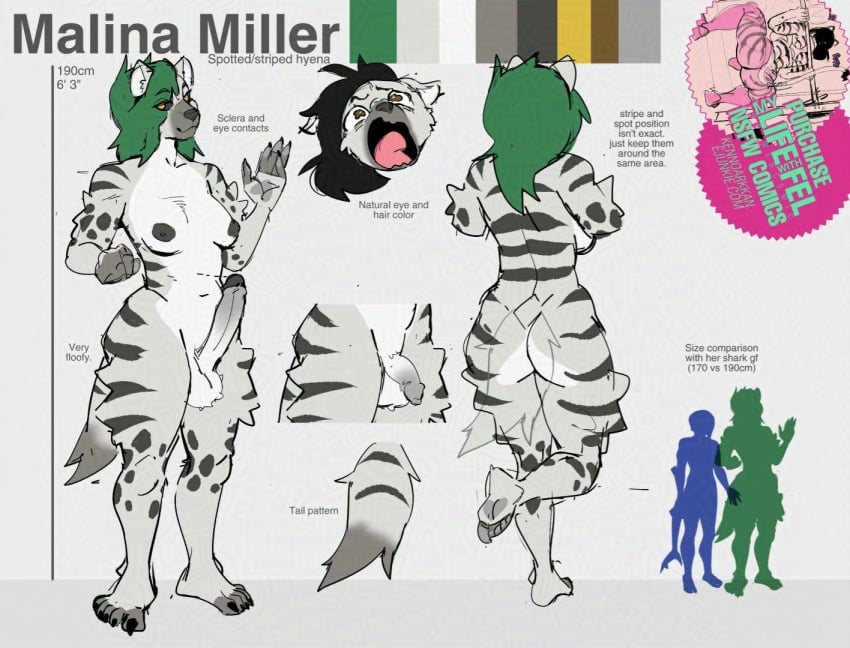 advertisement balls black_sclera breasts brown_eyes contact_lenses digital_media_(artwork) erection flaccid foreskin fur genitals green_hair grey_body hair humanoid_genitalia humanoid_penis hyena intersex kenno_arkkan malina_miller_(huldinha) mammal markings model_sheet nipples open_mouth penis plantigrade spots spotted_body spotted_fur striped_hyena striped_markings stripes tongue yellow_eyes