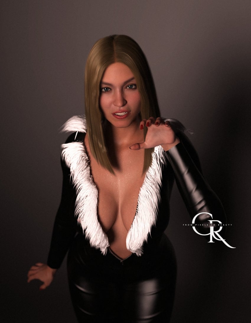 1girls 3d actress big_breasts black_cat_(cosplay) blonde_hair breasts celebrity cleavage female giorgio_rendering marvel marvel_comics real_person sideboob solo spider-man_(series) sydney_sweeney