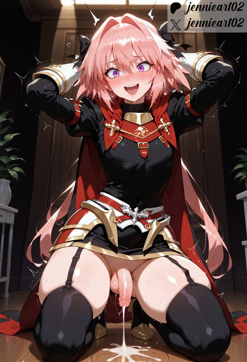 1boy after_sex ai_generated arms_behind_head arms_up astolfo_(fate) bangs black_bow black_legwear black_thighhighs blush boots bow braid buckle cape clothing crossdressing cum cumdrip dress ejaculation erection fate/apocrypha fate/grand_order fate_(series) flying_sweatdrops foreskin garter_straps genital_fluids girly gloves hair_between_eyes hair_intakes hair_ornament hairbow heart indoors jennieart02 kneeling legwear long_hair long_sleeves looking_at_viewer male male_focus male_only multicolored_hair oerba_yun_fang open_mouth otoko_no_ko patreon patreon_logo patreon_username penis pink_hair purple_eyes red_cape ribbon semen sitting skindentation skirt smile solo streaked_hair sweat testicles text thighhighs thighs trap twitter twitter_username very_long_hair watermark white_hair