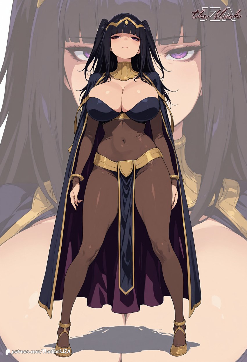 ai_generated bangles bangs black breasts female fire_emblem fire_emblem_awakening full_body_pantyhose gaze hair hair_ornament hi_res huge_breasts legs_apart purple_eyes stare tharja_(fire_emblem) thick twintails two_side_up