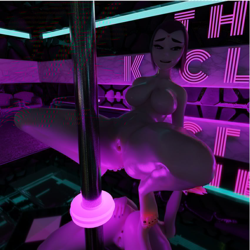 3d 3d_render blender blender_(software) crab_pose crab_walk_position hat_o8 purple_eyes purple_hair raven_(dc) short_hair showing_pussy stripper teen_titans white_body