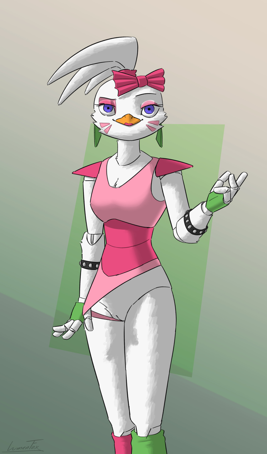 4_fingers absurd_res accessory animatronic anthro avian beak biped bird bow_ribbon breasts cheek_tuft chicken cleavage clothed clothing clothing_aside clothing_pull digital_media_(artwork) ear_piercing ear_ring eyebrows facial_markings facial_tuft female fingerless_gloves fingers five_nights_at_freddy's five_nights_at_freddy's:_security_breach flashing flashing_pussy fluffy galliform gallus_(genus) genitals glamrock_chica_(fnaf) gloves hair_accessory hair_ribbon hair_tie hairbow handwear head_markings hi_res leg_warmers legwear leotard leotard_aside leotard_pull lipstick looking_at_viewer lumen_fox machine makeup markings phasianid piercing pussy raised_eyebrow ribbons ring_piercing robot scottgames shaded shoulder_pads signature simple_background smile solo tuft