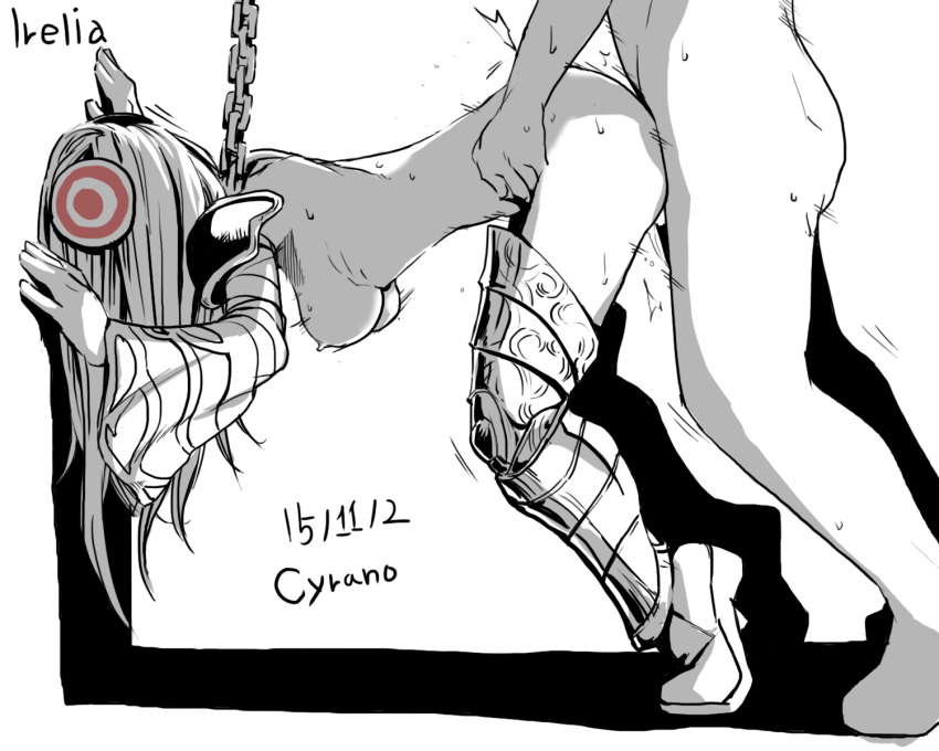 1boy 1girls 2015 against_wall bondage bound breasts chains clothing cyrano female from_behind highres irelia_xan league_of_legends long_hair male monochrome penetration restrained sex spread_legs thighhighs vaginal_penetration