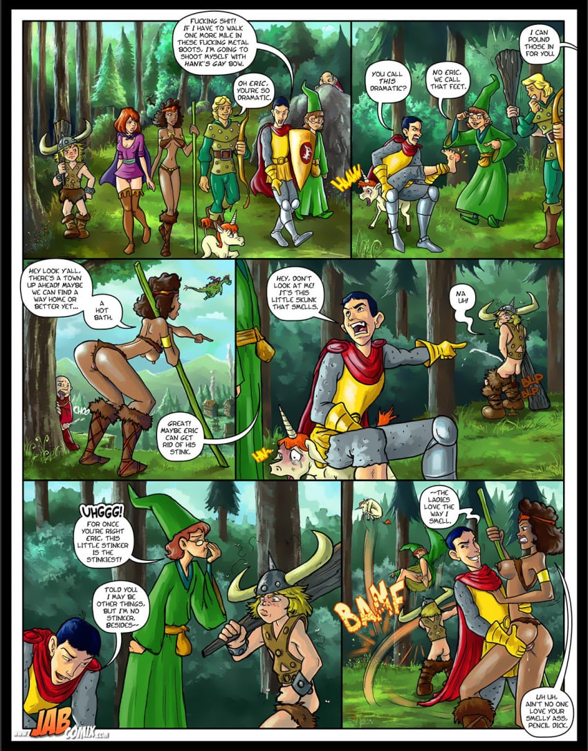 2girls bobby_the_barbarian breasts clothing comic dark_skin diana_the_acrobat dungeon_master dungeons_and_dragons dungeons_and_dragons_(cartoon) eric_the_cavalier female hank_the_ranger human jab male pale_skin panels presto_the_magician sheila_the_thief text thigh_boots uni_the_unicorn unicorn weapon