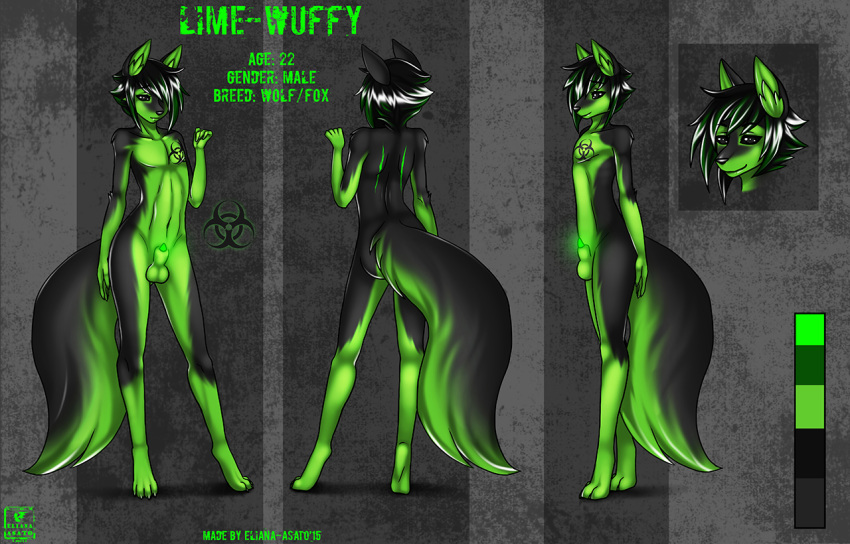 2015 back biohazard_symbol black_eyes black_fur black_hair black_sclera canine eliana-asato fox front_view fur girly glowing green_fur green_hair green_penis hair lime-wuffy lime_fur male mammal model_sheet nude penis scar short_hair solo standing wolf