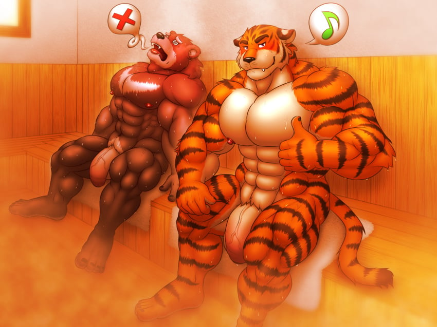 2015 abs anthro barefoot bear biceps big_muscles black_fur black_nose blush dripping duo fainted fangs feline flaccid fur gesture interval looking_at_viewer male male_only mammal muscular muscular_male musical_note navel nipples nude open_mouth orange_fur pecs penis pose purple_eyes raised_arm sauna sitting smile steam stripes sweat symbol teeth thick_penis thumbs_up tiger tongue tongue_out towel vein veiny_penis wet white_fur x