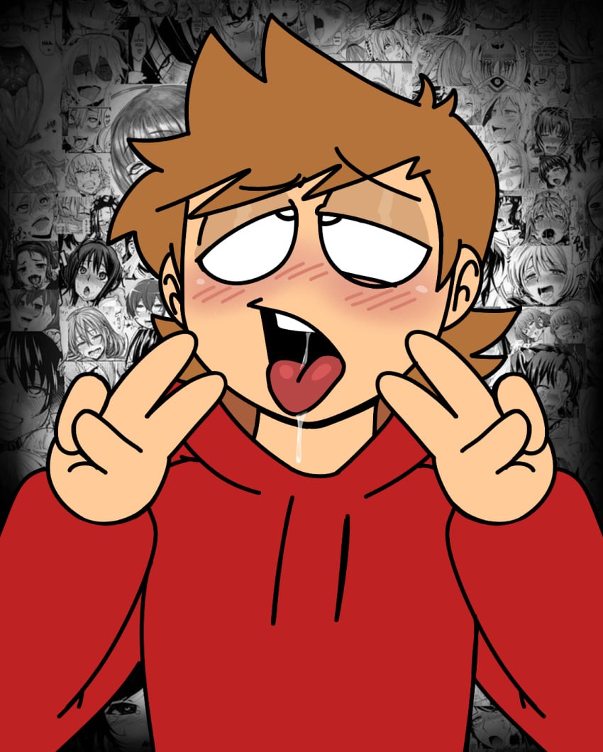 ahegao ahegao_expression ahegao_face blush blush_lines blushing brown_hair double_peace_sign drool drooling eddsworld eyes_rolling_back fluffy_hair hair_horns justsomedude light-skinned_male meme meme_in_the_background peace_sign red_hoodie requested tongue_out tord_(eddsworld)