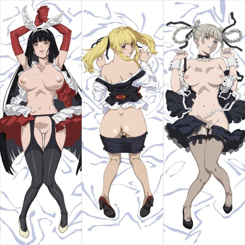 3girls after_sex armpits ass bami_clan_(kakegurui) bed big_breasts black_hair blonde_hair bodypillow braid braided_hair breasts clothes dakimakura dakimakura_design huge_breasts jabami_yumeko kakegurui maid_uniform momobami_kirari multiple_girls nude_filter partially_clothed pussy rabbit_ears saotome_meari se7en stockings thick_thighs thigh_gap third-party_edit uncensored uniform wide_hips