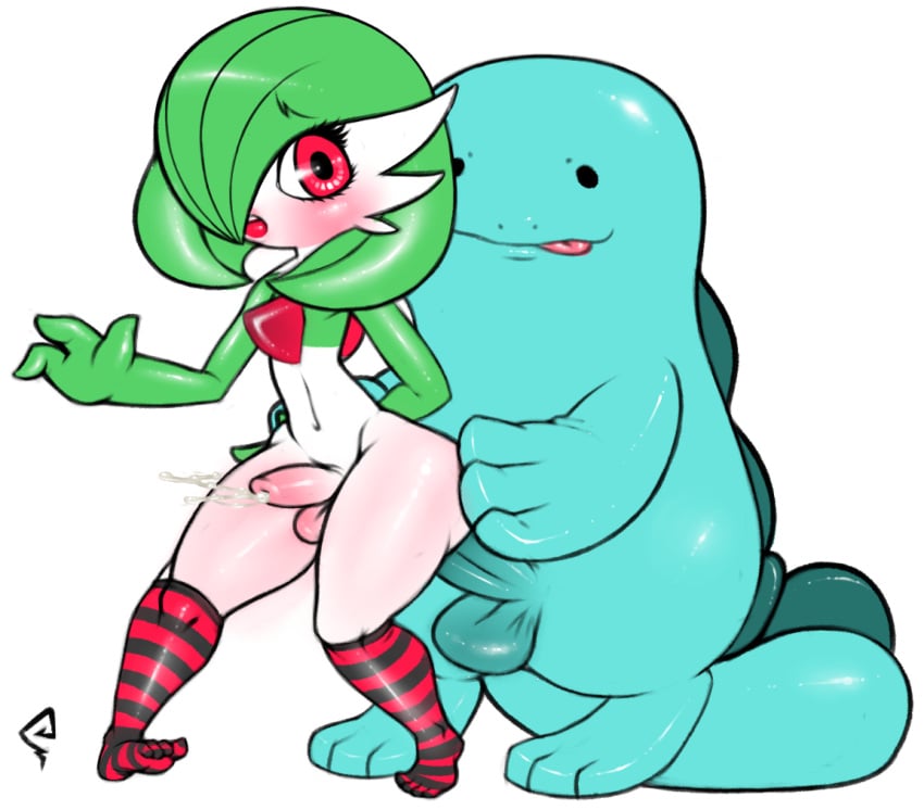 2boys balls blush clothing cum cumming erection femboy femboysub gardevoir gay green_hair legwear male male_gardevoir male_only maledom penis pokemon pokemon_(species) quagsire red_eyes red_eyes_male sex testicles zeeman