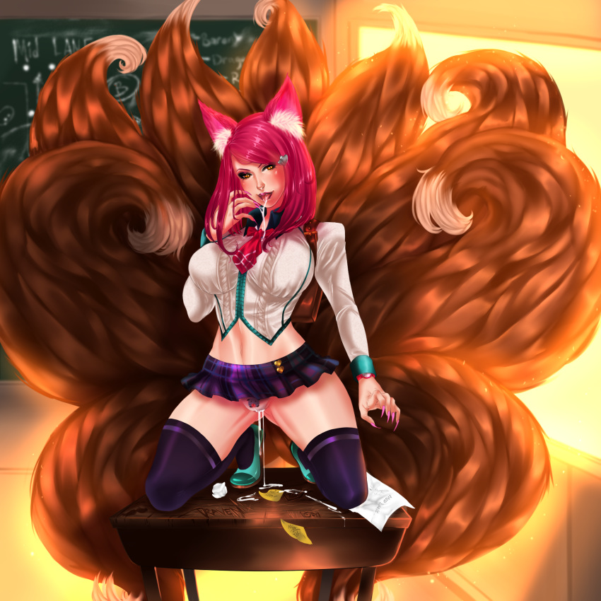 academy_ahri after_sex ahri alternate_costume animal_ears claws cum cum_in_mouth cum_in_pussy cum_inside female fox_girl kneeling league_of_legends long_hair multiple_tails pink_hair school_uniform skirt solo steffydoodles stockings tail