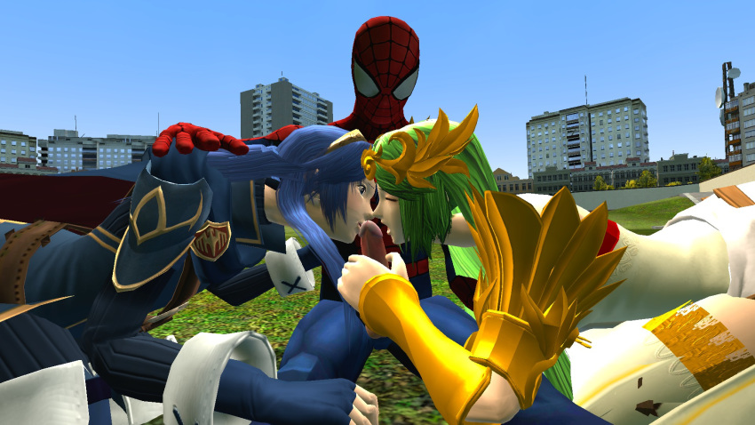 3d cowman crossover eastern_and_western_character female fire_emblem fire_emblem_awakening garry's_mod human kid_icarus lucina_(fire_emblem) male marvel marvel_comics palutena peter_parker spider-man spider-man_(series) straight straight_hair threesome