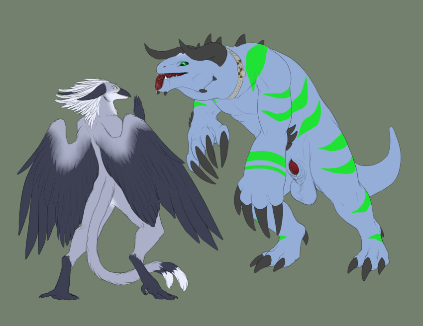 1boy 2015 ambiguous_gender animal_genitalia anthro avian black_feathers carolus_rex claws collar crendrel deathclaw duo fallout feathered_wings feathers feral full-length_portrait full_length genital_slit green_sclera green_stripes grey_background grey_feathers gryphon horn interspecies looking_down male nude original_character penis penis_tip portrait precum saliva scalie simple_background slit standing talons testicles tongue tongue_out white_feathers wings yaroul yellow_eyes