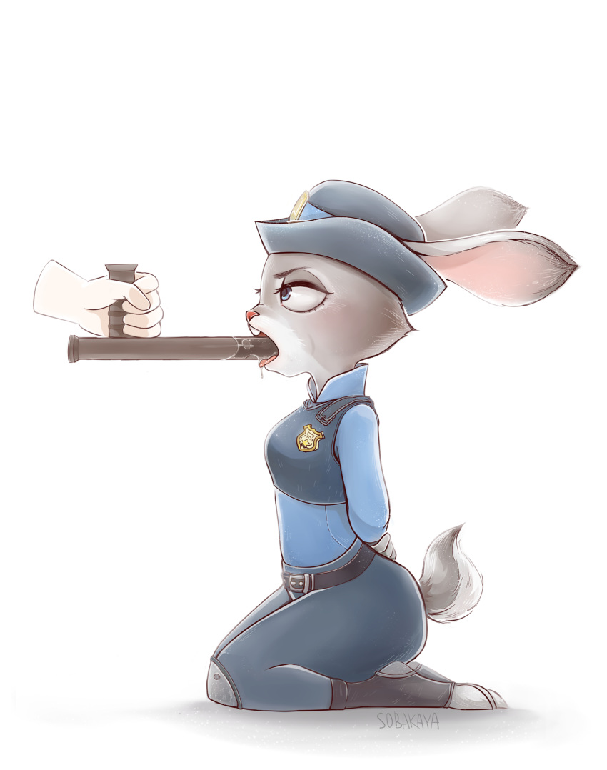 badge baton clothing cum deep_throat deepthroat dildo disembodied_hand disney drooling faceless_male female grey_fur hands-free hands_behind_back hat judy_hopps kneeling lagomorph male mammal oral oral_sex orgasm penis police rabbit saliva simple simple_background sobakaya straight suggestive throat_training tongue uniform white_background zootopia