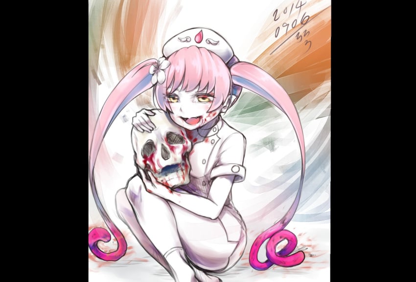 artist_request ass blood ebola-chan female looking_at_viewer nurse_cap skull smile solo thighs yellow_eyes