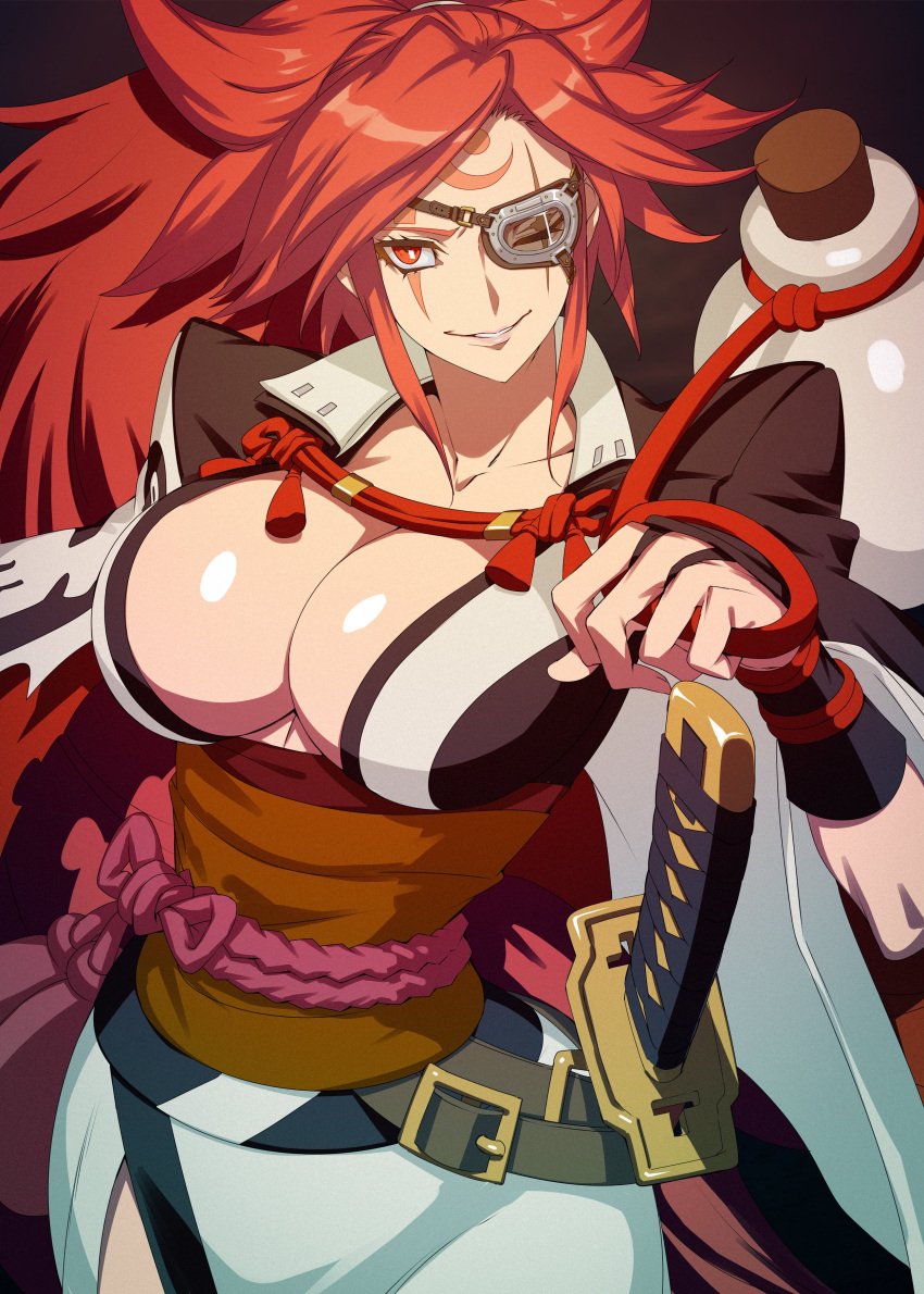 1girls baiken big_breasts breasts busty cleavage eye_patch face_markings female female_only gigantic_breasts guilty_gear highres huge_breasts ippo japanese_clothes katana large_breasts markings milf missing_eye older_female one_eye one_eye_obstructed one_eyed pink_hair red_eyes red_hair redhead revealing_clothes samurai scar scar_across_eye scar_on_face scarred scarred_face scars smile smiling sword tagme traditional_clothes warrior