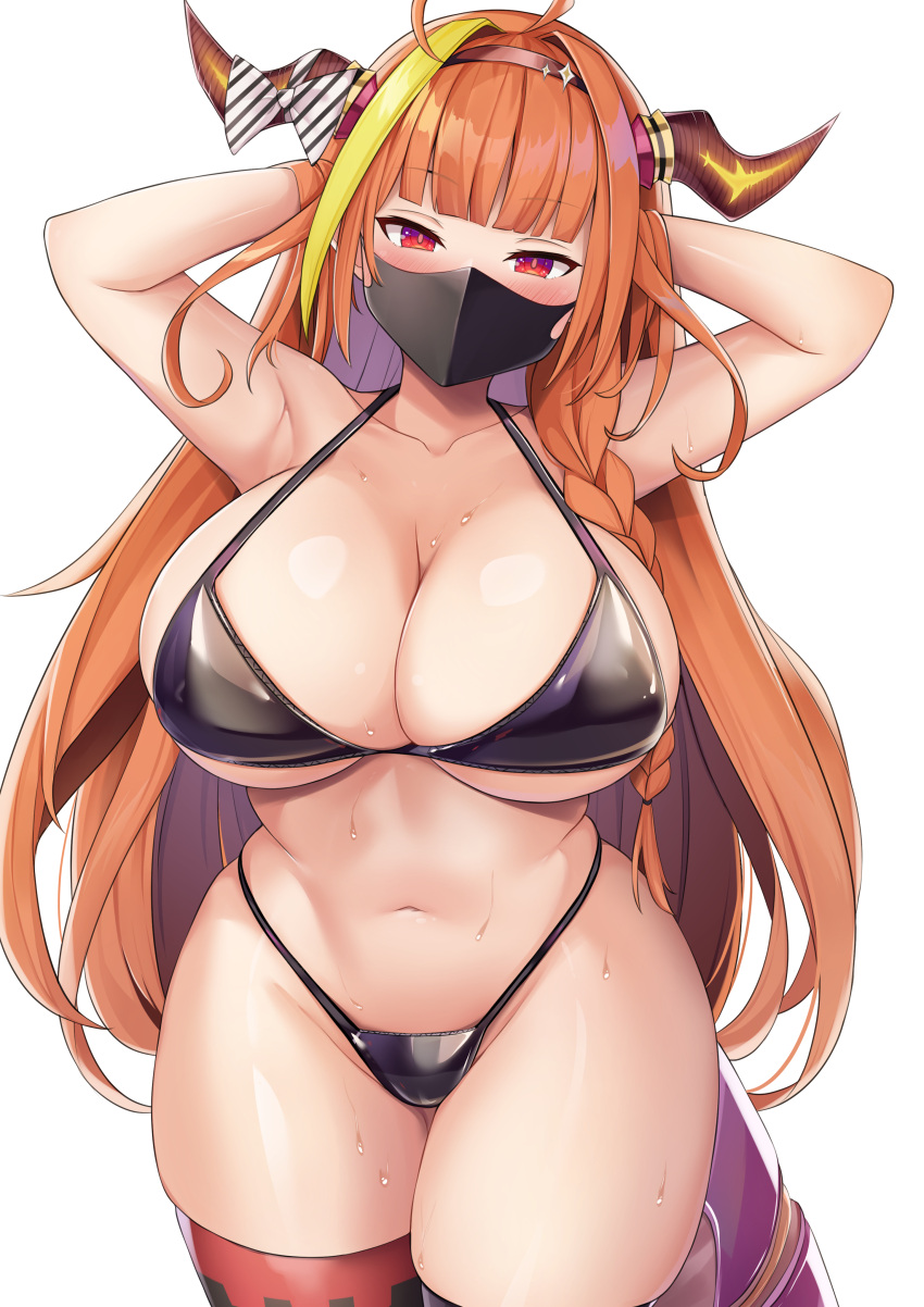 1girls absurdres ahoge alternate_costume arms_behind_back arms_behind_head arms_up bangs bikini black_swimsuit blonde_hair blunt_bangs blush bow braid breasts collarbone cowboy_shot curvy diagonal-striped_bow dragon_girl dragon_horns dragon_tail eyebrows_visible_through_hair highres holoforce hololive hololive_japan horn_bow horn_ornament horns huge_breasts kiryu_coco kusana_(dudqja602) large_breasts long_hair looking_at_viewer mask mouth_mask multicolored_hair navel orange_hair red_eyes scales seductive side_braid sidelocks simple_background single_braid single_thighhigh skindentation solo standing streaked_hair striped striped_bow surgical_mask sweat swimsuit tail thigh_strap thighhighs underboob very_long_hair virtual_youtuber white_background