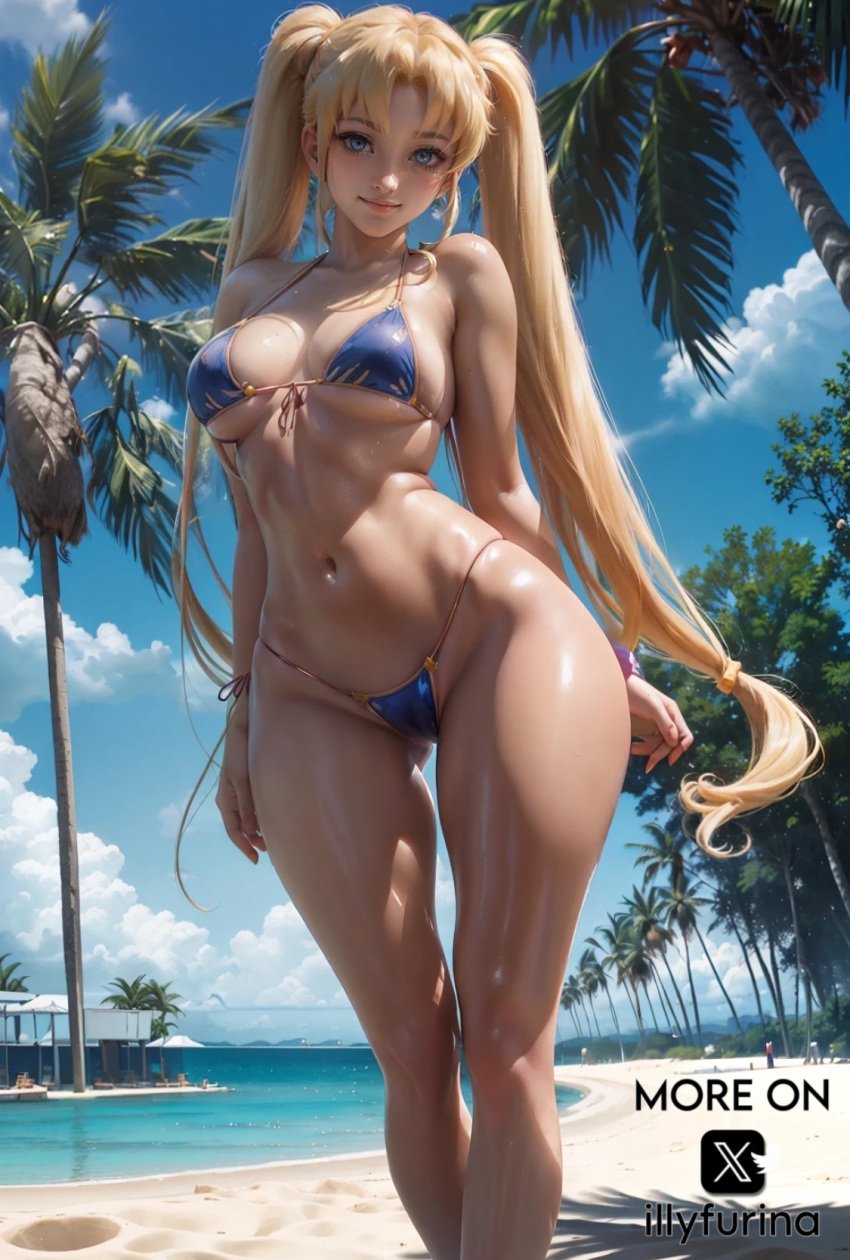 abdomen ai_generated bangs beach bikini bikini_bottom bikini_top bishoujo_senshi_sailor_moon blonde_hair blue_eyes breasts illyfurina long_hair long_legs looking_at_viewer mature_female navel pussy sailor_moon seducing seduction seductive seductive_body seductive_eyes seductive_gaze seductive_look seductive_mouth seductive_pose seductive_smile semi-nude semi-nudity small_boobs small_breasts smile smiling smiling_at_viewer stable_diffusion swimsuit taller_girl thighs twintails usagi_tsukino waifu waifu_diffusion watermark