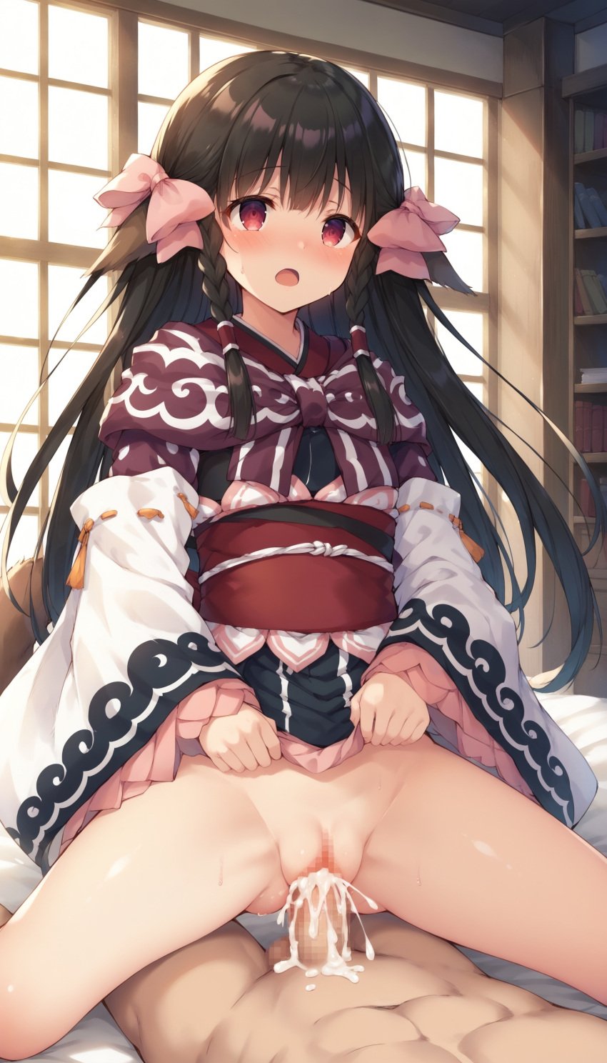 absurdres ai-generated ainu_clothes animal_ears black_hair bow braid female full_body hair_between_eyes highres long_hair non-web_source red_eyes rulutieh solo twin_braids utawarerumono utawarerumono:_itsuwari_no_kamen