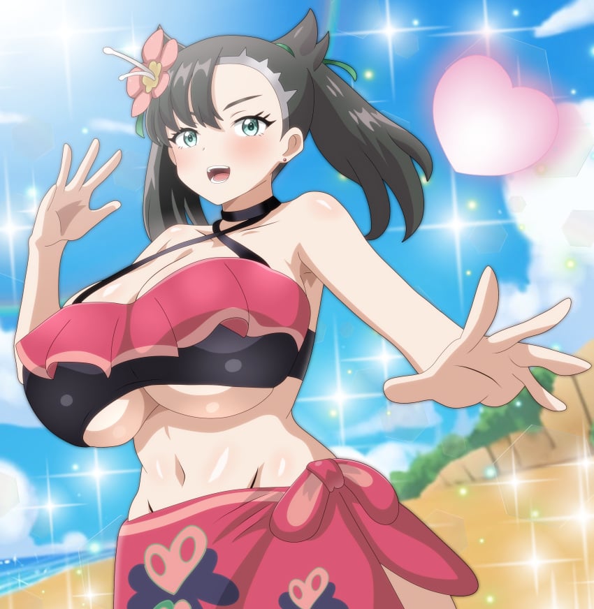 1girls alternate_costume big_breasts blush breasts cleavage clothed clothing female female_only game_freak girls_only goth goth_girl heart huge_breasts marnie_(pokemon) nintendo official_alternate_costume open_mouth pokemon pokemon_masters pokemon_ss snowpowder198 summer_marnie_(pokemon_masters)