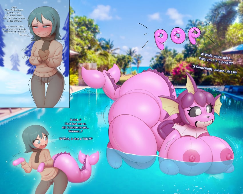 2d absurd_res animal_humanoid animate_inanimate ass background big_breasts big_butt big_tail black_sclera blue_eyes blush bottomwear brown_clothing clothing detailed eeveelution female fin fin_growth forced frill_(anatomy) fur fur_breasts fur_thick_thighs furry generation_1_pokemon glistening glistening_body growth hair handwear hi_res human inanimate_transformation inflatable inflatable_ride latex living_inflatable mammal mittens nintendo nipples open_mouth pants partially_submerged pink_hair pinm_body plant pokemon pokemon_(species) pool pool_toy scarf seat shaking shiny_pokemon shivering shocked smile snow solo species_transformation summer sweater tail tail_growth text topwear transformation transformation_sequence tree vaporeon water white_eyes winter worried zorym