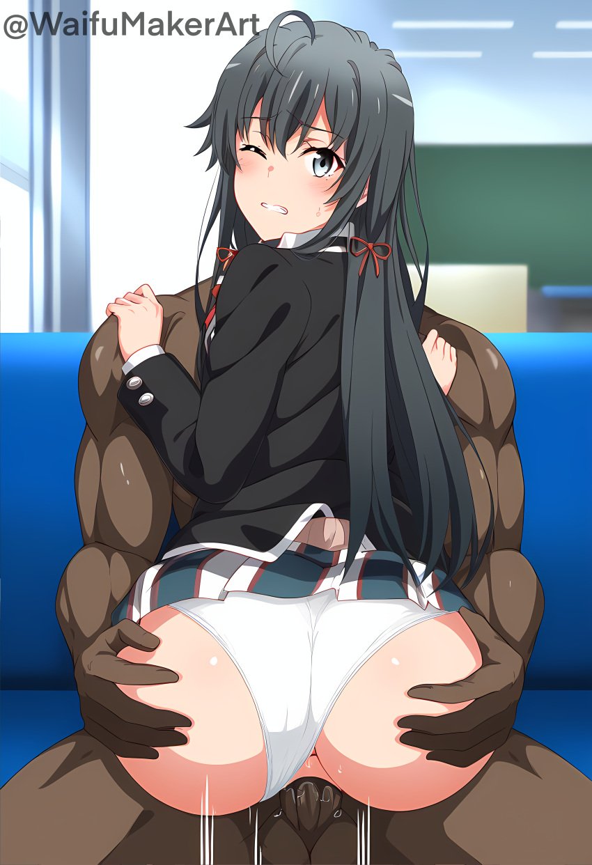 1boy 1boy1girl 1girls ai_generated ass ass_grab asshole blush classroom clenched_teeth cock couch couch_sex dark-skinned_male female grabbing_ass hi_res high_resolution highres huge_cock interracial looking_back male male/female motion_lines muscular_male my_teen_romantic_comedy_snafu one_eye_closed panties panties_aside penis penis_in_pussy pussy_juice pussy_juice_drip school_uniform schoolgirl sex skirt skirt_lift vaginal_penetration waifumakerart white_panties yukinoshita_yukino