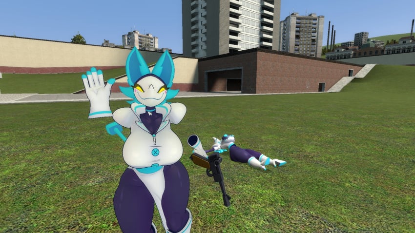 3d anthro big_breasts big_butt big_thighs dead dead_body death deltarune exposed_breasts female_death garry's_mod gm_construct gun holding_gun smug smug_face smug_grin tasque_manager_(cryptiacurves) tasque_manager_(deltarune) waving waving_at_viewer waving_hand