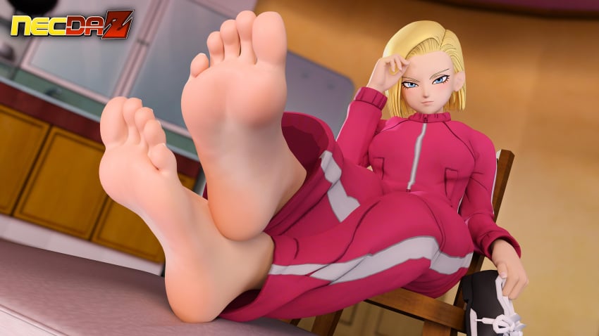 1female 3d 3d_(artwork) android_18 blonde_hair blue_eyes dragon_ball feet feet_crossed holding_shoes legs_crossed looking_at_viewer necdaz91