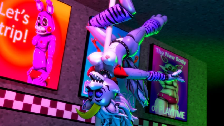 3d 4k animatronic closed_eyes dangling_breasts disboi215 ear_piercing earrings five_nights_at_freddy's five_nights_at_freddy's:_security_breach fnaf green_hair grey_hair highres hoop_earrings leg_warmers legwarmers long_hair mangle_(fnaf) naked_female open_mouth pink_nipples posters purple_lipstick red_shoulder_pads robot roxanne_wolf_(fnaf) sfm sharp_claws sharp_teeth silver_hair solo source_filmmaker spiked_belt spiked_bracelet spiked_collar stripdance stripper_pole tail toy_bonnet_(fnaf) upside-down wolf wolf_girl wolf_tail wrist_warmers