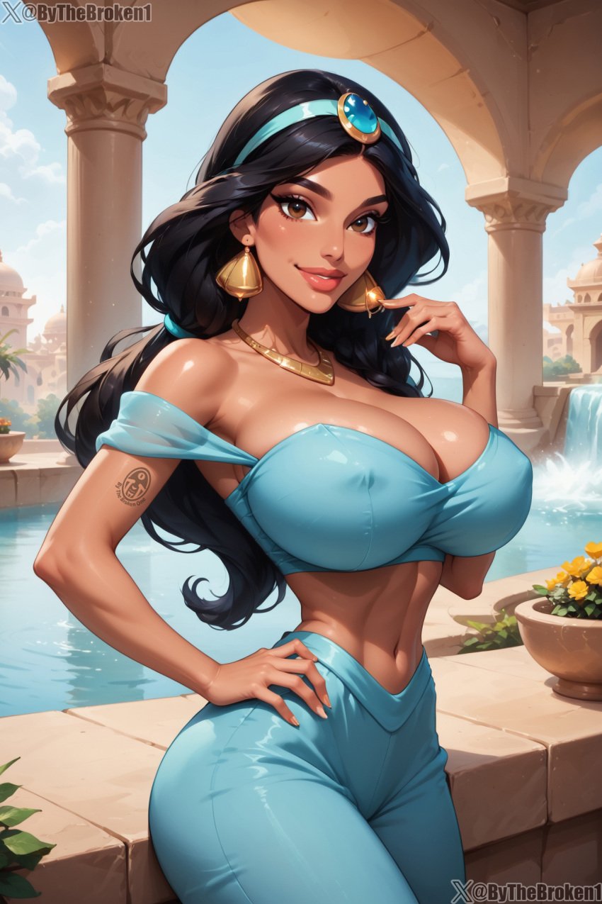 ai_generated aladdin aladdin_(1992_disney_film) arabian_female bare_midriff big_breasts big_eyes black_hair busty bythebrokenone disney disney_princess earrings harem_outfit hourglass_figure huge_breasts huge_eyes long_hair middle_eastern_female nai_diffusion princess princess_jasmine royal royalty stable_diffusion top_heavy