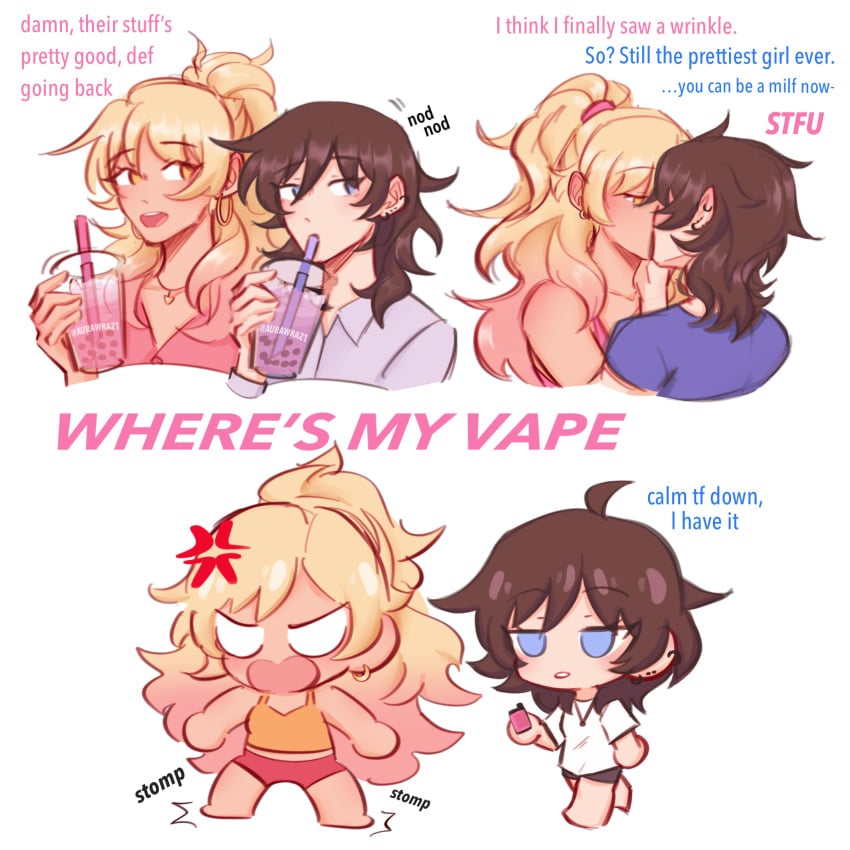 2girls black_hair blonde_hair boba_tea class_of_'09 earrings jecka_(class_of_'09) kissing long_hair nicole_(class_of_'09) pierced_ears ponytail short_hair vape vape_pen yuri