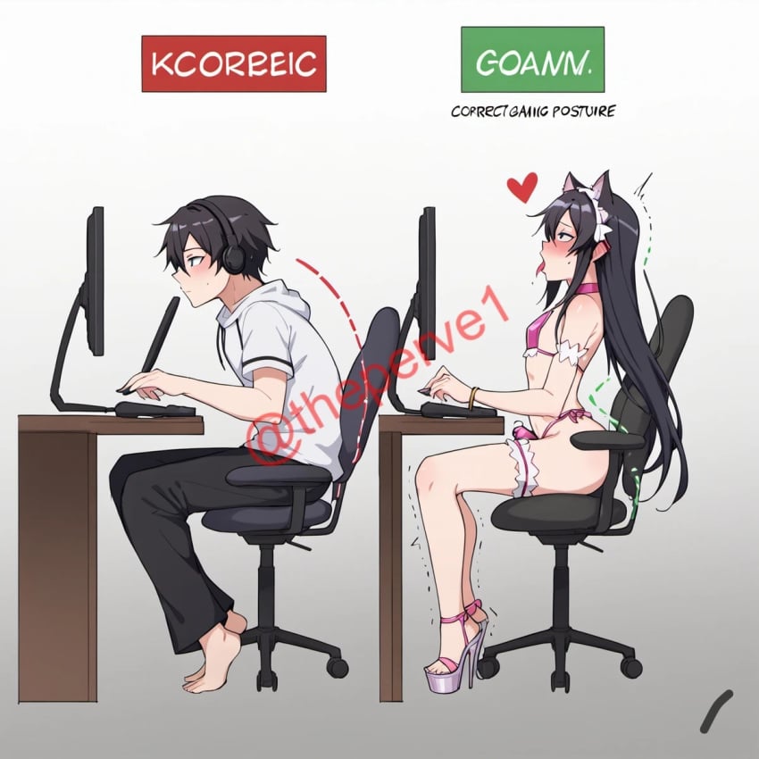 1boy ai_generated before_and_after black_hair cat_ears collar correct_gaming_posture_(meme) cosplay femboy feminization frills meme penis pink_lingerie platform_heels sticking_out_tongue streaming tagme thong tongue_out