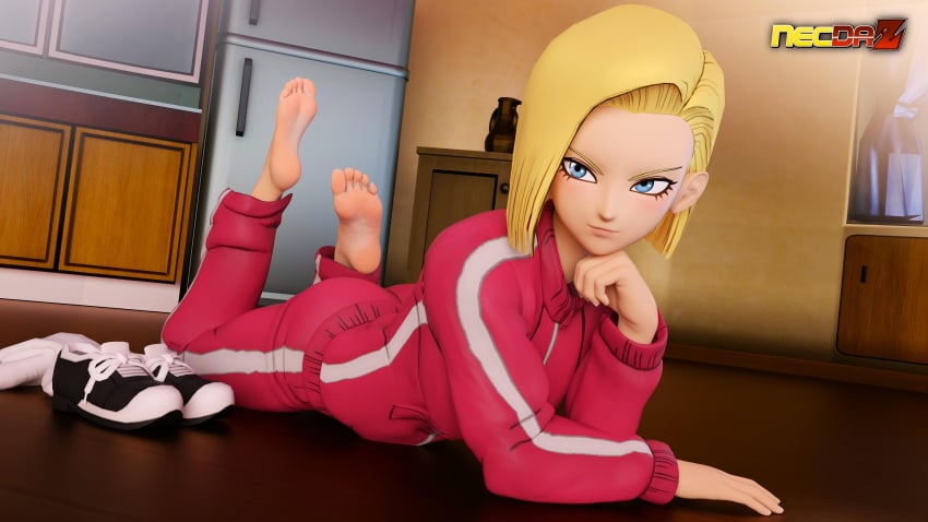 1female 1girls 3d android_18 barefoot blonde_hair blue_eyes dragon_ball dragon_ball_z feet feet_up necdaz91 shoes_removed soles track_suit