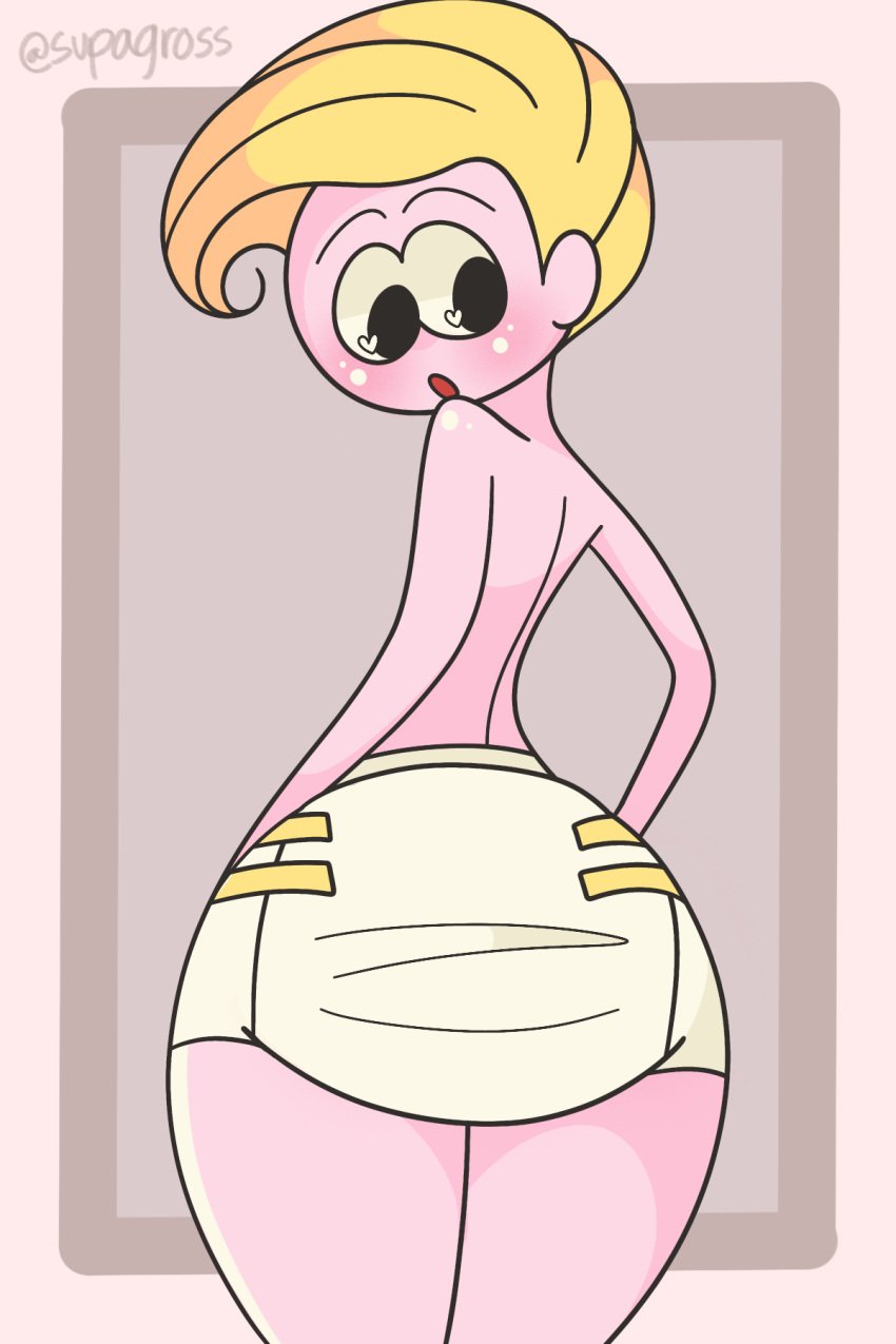 abdl ambiguous_gender blonde_hair blush bubble_butt diaper diaper_fetish femboy femboy_focus femboy_only looking_back original_character pink_skin round_ass round_butt supagross