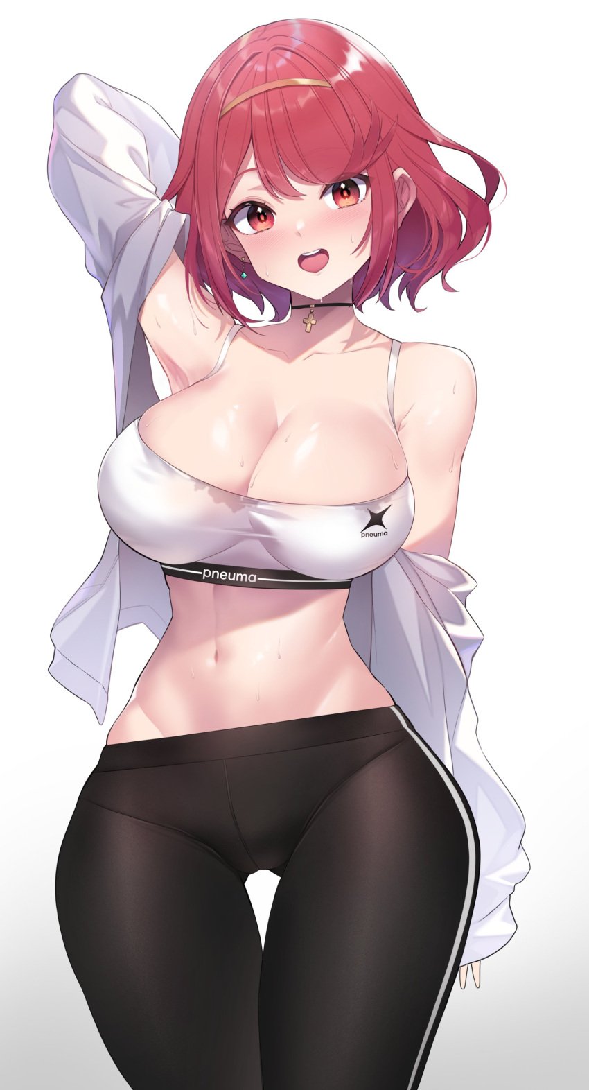 absurd_res armpits arms_up belly belly_button big_breasts blush blush bra breasts_bigger_than_head cawang cross_necklace earrings fit fit_female gym gym_clothes gym_uniform hi_res highres huge_breasts jacket leggings_down legs legwear long_sleeves looking_at_viewer midriff necklace nintendo open_mouth pyra pyra_(xenoblade) red_eyes red_hair short_hair skinny skinny_girl smile smiling smiling_at_viewer sports_bra stomach sweat sweating sweaty tank_top thick_thighs thin_female tight_clothes tight_clothing tight_fit tight_pants tights very_big_breast video_games white_background white_jacket working_out workout workout_clothes xenoblade_(series) xenoblade_chronicles_2