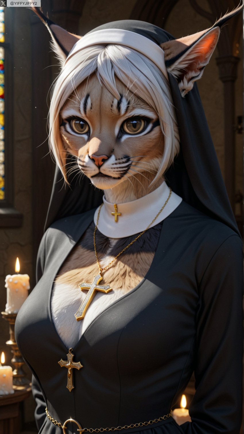 ai_generated animal_ears animal_nose anthro artist_name breasts candle cross female female_anthro furry furry_female hi_res high_resolution highres jewelry necklace nun photorealistic realistic solo stable_diffusion twitter twitter_username watermark whiskers yiffyjiffy2 yiffyjiffy69