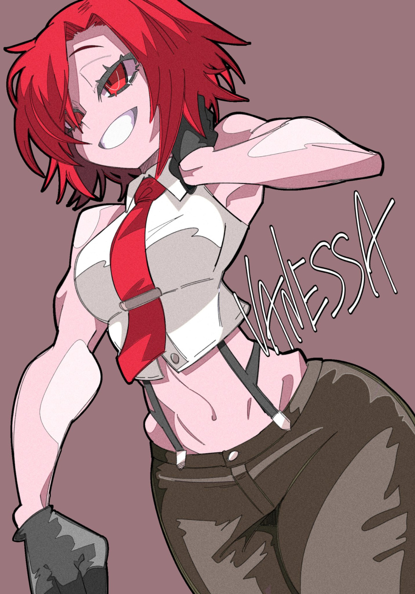 1girls clothed female gloves hand_on_head king_of_fighters light-skinned_female light_skin pants red_eyes red_hair shirt short_hair smile suspenders thick thick_legs thick_thighs thighs tie vanessa_(kof) white_shirt wide_hips yaki_usagi