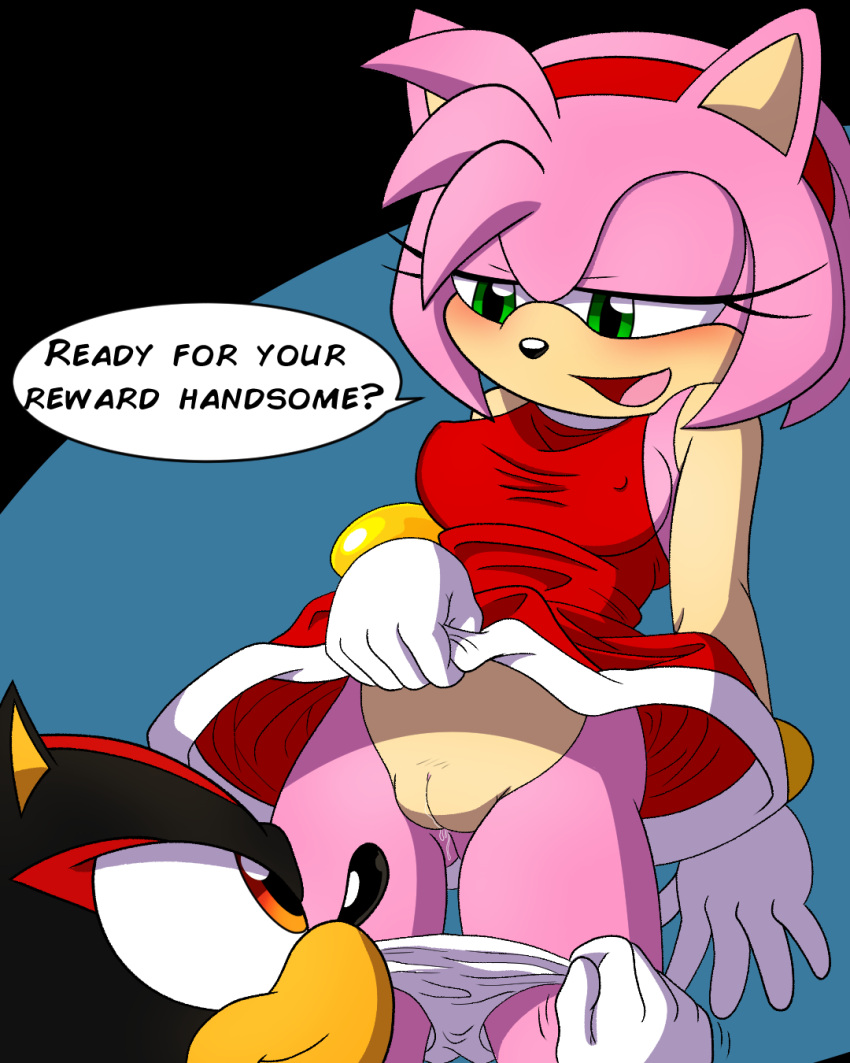 amy_rose artist_request blush panty_pull pussy pussy_juice_drip shadow_the_hedgehog sonic_(series) text