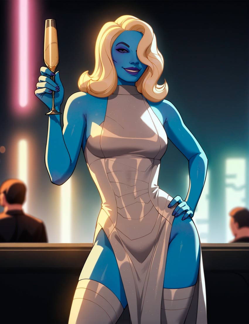 absurd_res ai_generated alien blonde_hair blue_skin dress marvel marvel_comics nebula_(marvel) photoshop purple_eyes stable_diffusion synth_canvas tagme thighhighs what_if...?