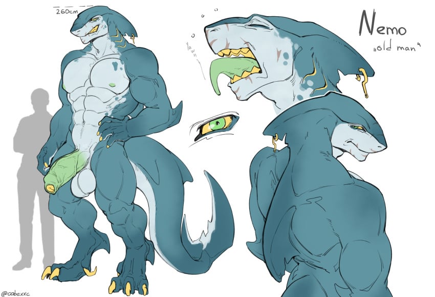 abs anthro cobu digitigrade fin fin_piercing fish foreskin furgonomics furry-specific_piercing genitals gills hi_res male marine model_sheet muscular muscular_anthro muscular_male navel nipples pecs penis piercing shark simple_background solo standing tail teeth tongue tongue_out white_background