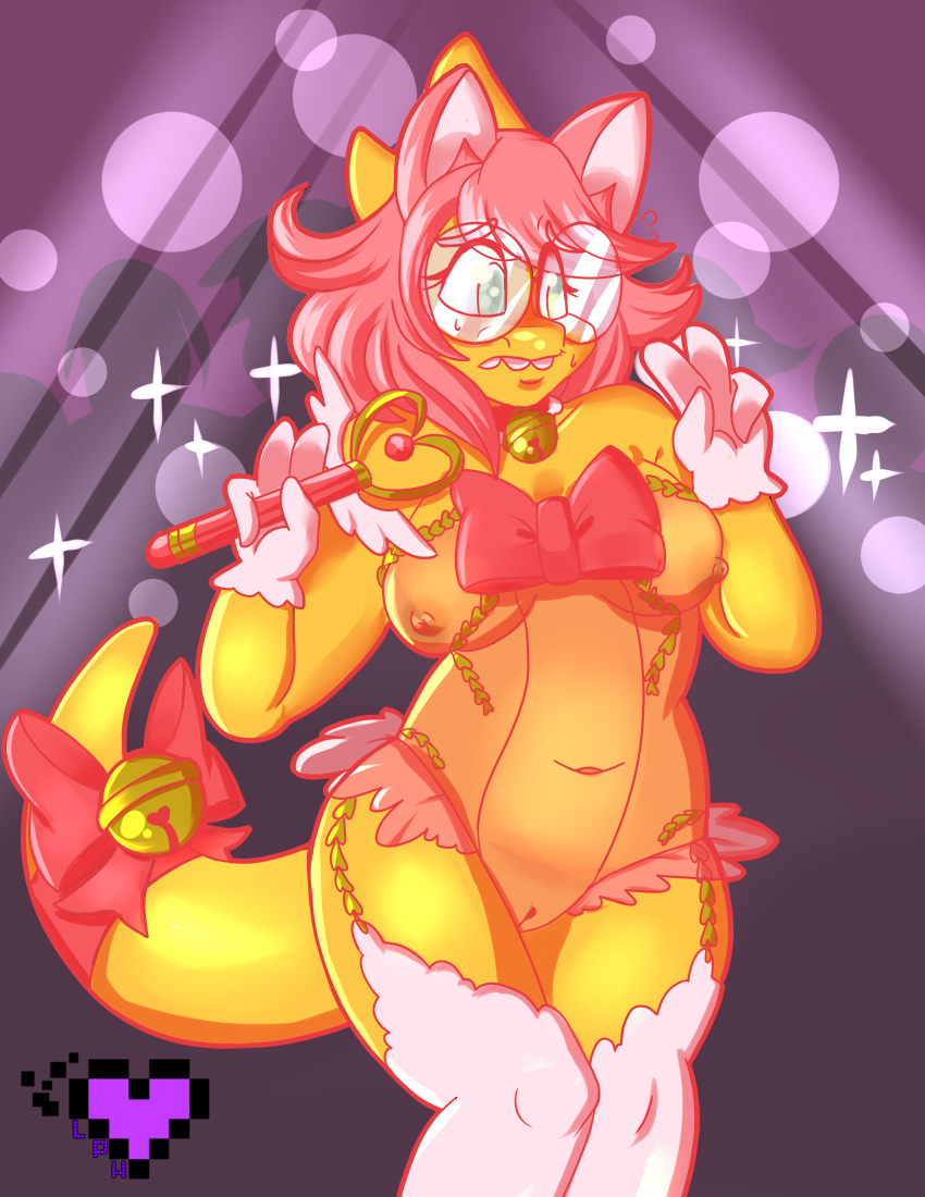 1girls 2d alphys anthro breasts cat_ears convention cosplay crowd female female_only humanoid ladypixelheart lingerie lizard_girl lizard_humanoid magical_girl mew_mew_kissy_cutie nipples pussy scalie scalie_female scalie_humanoid see-through solo undertale undertale_(series) wand yellow_body