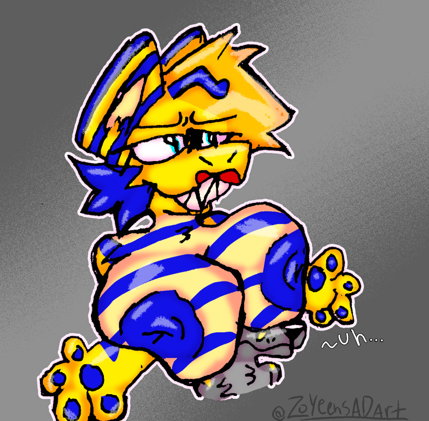 antennae blue_fur blue_nipples boobs_on_head grey_fur honeycomb_(zoyeensadart) red_lipstick sharp_teeth wolf yellow_fur zo_(zoyeensadart) zoyeensadart