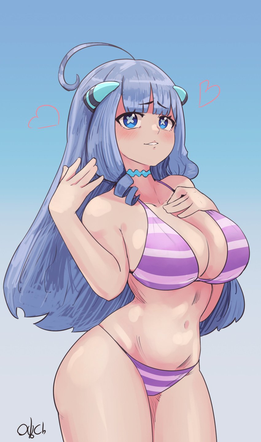 1girls belly_button big_breasts bikini blue_eyes blue_hair blush dullahan eyebrows_visible_through_hair female female_only heart higher_resolution_duplicate horns light-skinned_female light_skin monster_girl ouchi_(ouchihitme) prism_project purple_stripes solo striped_bikini swimsuit symbol-shaped_pupils virtual_youtuber yura_rikudou