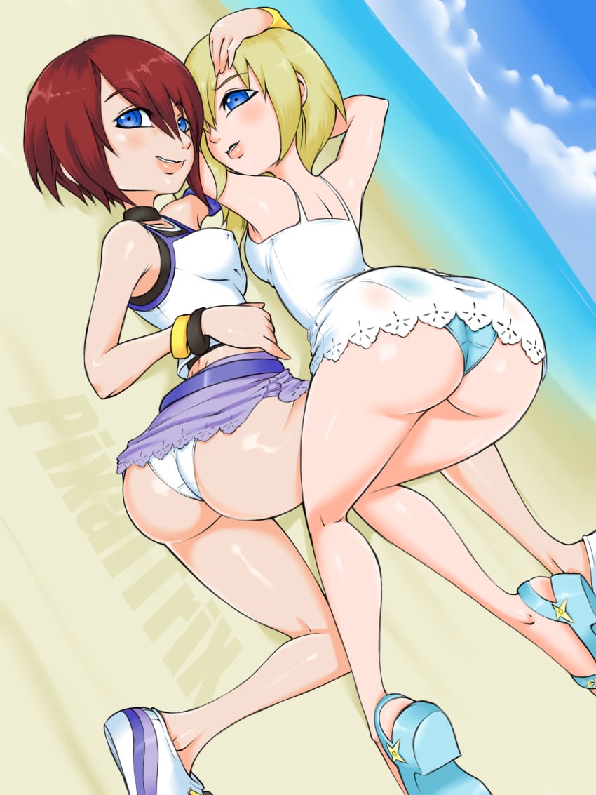 2girls apple_butt ass big_ass big_breasts blonde_hair blue_eyes blue_panties breasts bubble_ass bubble_butt clothing dat_ass disney dress female footwear human kairi kingdom_hearts large_ass looking_at_viewer miniskirt multiple_females namine nobody_(kingdom_hearts) outdoors pale_skin panties pixaltrix posing presenting short_hair square_enix sundress