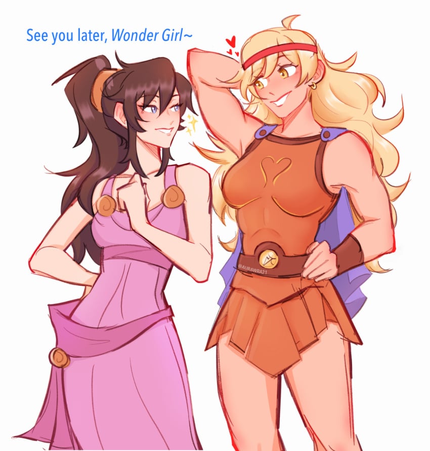 2girls aurawra21 black_hair blonde_hair class_of_'09 cosplay couple earring gladiator_armor hercules_(character) hercules_(cosplay) hercules_(disney) jecka_(class_of_'09) jeckole lesbian_couple megara megara_(cosplay) nicole_(class_of_'09) ponytail purple_dress yuri