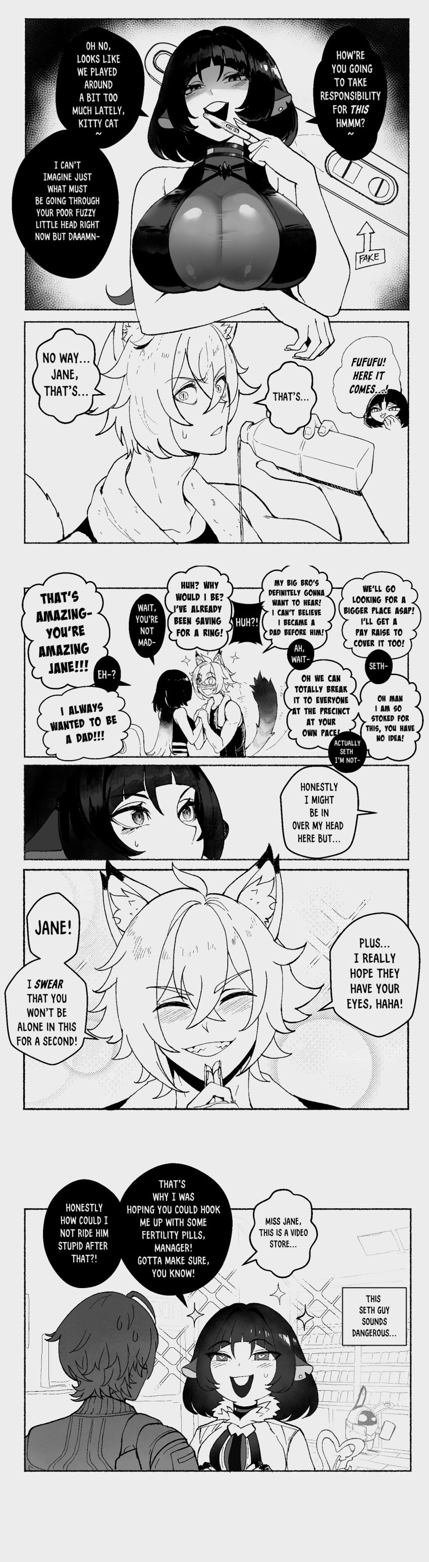 1girls 2boys absurd_res big_breasts black_and_white cat_ears cat_tail catboy comic dialogue english_text female funny heart-shaped_pupils jane_doe_(zenless_zone_zero) male mihoyo monochrome mouse_ears mouse_girl mouse_tail pregnancy_test seth_lowell smile speech_bubble tail thiccwithaq wholesome wise_(zenless_zone_zero) zenless_zone_zero