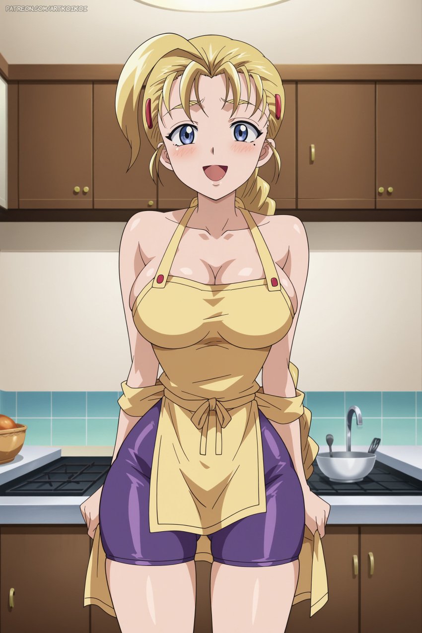 1female 1girls ai_assisted ai_generated apron artkoikoi big_breasts breasts commentary_request english_commentary female female_only hi_res highres history's_strongest_disciple_kenichi kitchen koikoi light-skinned_female light_skin miu_furinji mixed-language_commentary shijou_saikyou_no_deshi_ken'ichi solo solo_female very_high_resolution