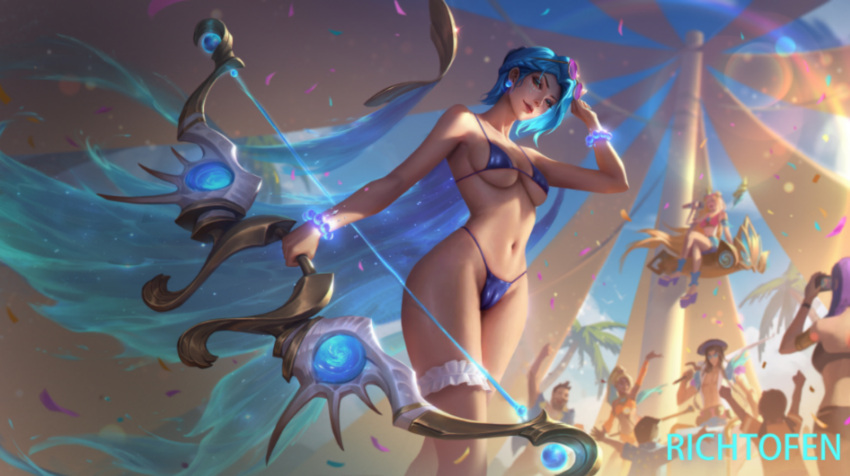 alternate_hair_color ashe_(league_of_legends) bikini league_of_legends ocean_song_ashe pool_party_series richtofen